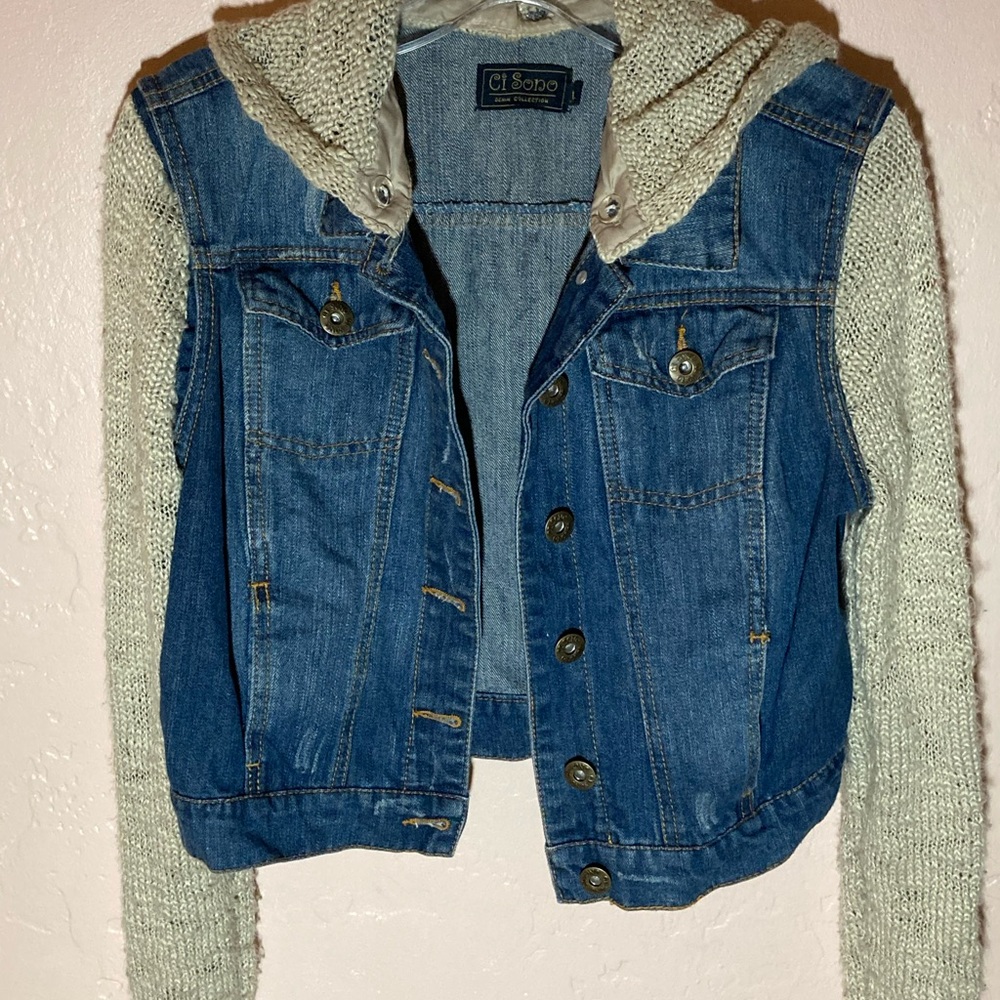 CI Sono Denim Jacket with Knit Sleeves and Removable Hood